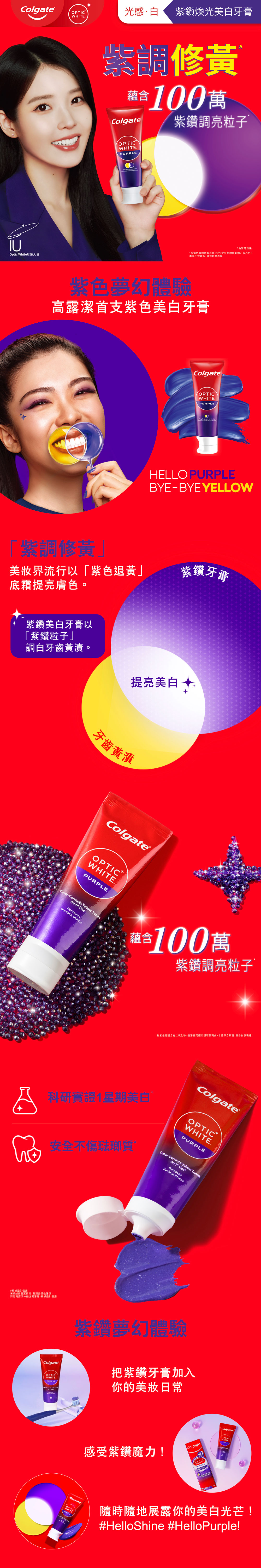 高露潔 Optic White®紫鑽煥光美白牙膏靈感來自色彩學。紫色、黃色於光學色環上為互補色，代表紫色和黃色融合後可以互相對沖成中性白色，因而調配成「紫鑽調亮精華」。每次刷牙釋放煥白力，中和牙齒上的黃漬，提亮調白，為牙齒煥光美白*! *為暫時效果 