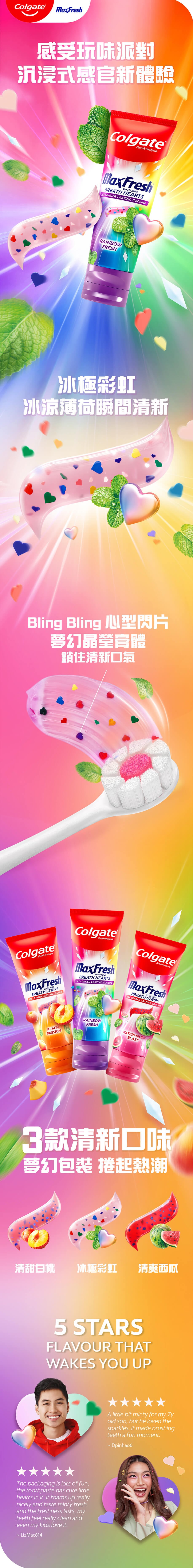 高露潔幻夢閃片牙膏系列，帶你享受前所未有的感官新體驗 冰極彩虹閃片牙膏含晶瑩膏體配合6色心形閃片，冰涼薄荷瞬間清新，帶來10倍持久清涼*，鎖住清新口氣！另含氟化物防止蛀牙  *對比高露潔普通含氟牙膏 